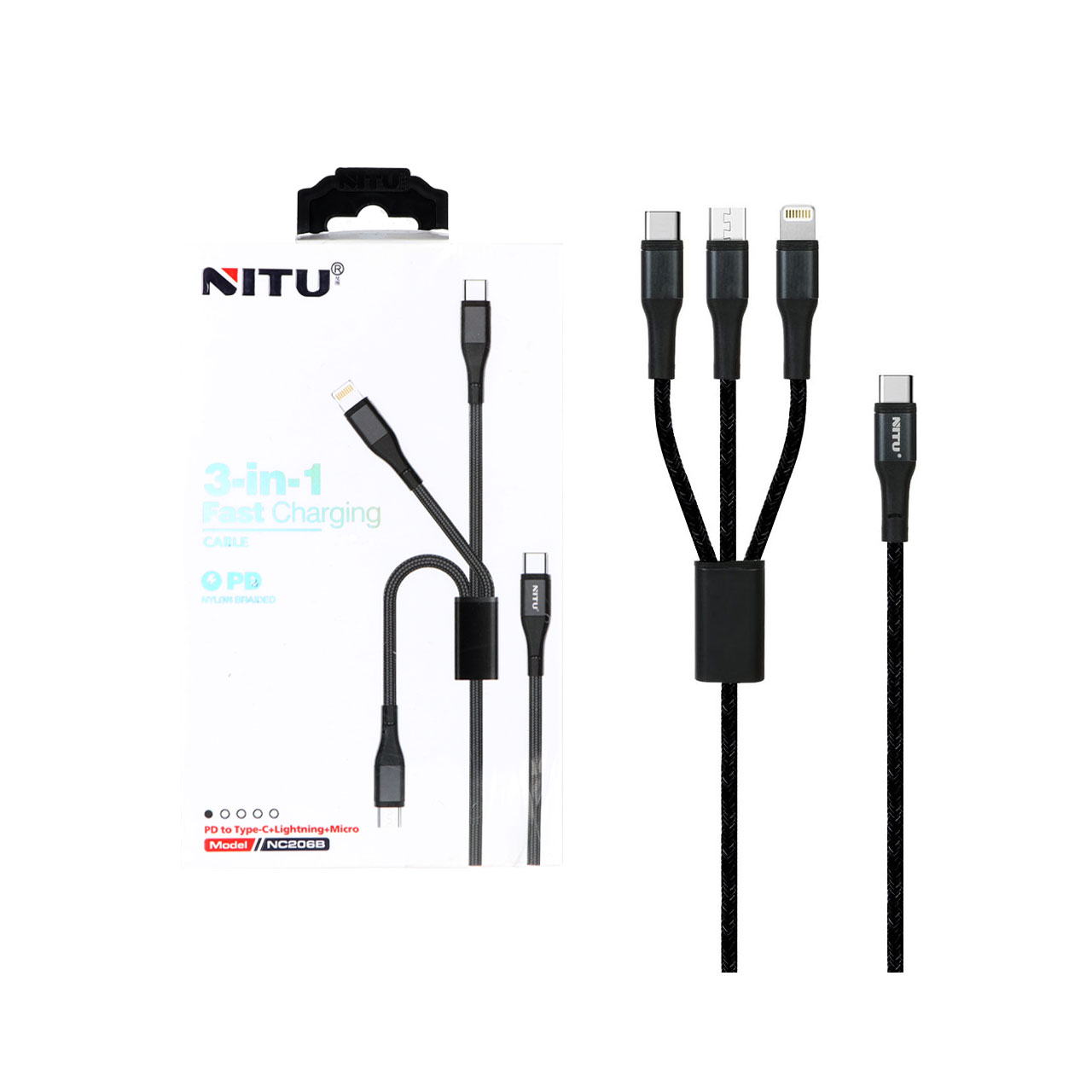 کابل شارژودیتا 1.2متری PD و فست سه کاره Nitu مدل NC206B – مشکی (گارانتی 12 ماه تعویض نیکان همراه)
