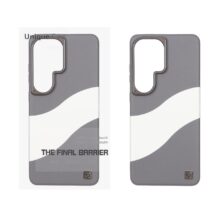 قاب اورجینال Unique Case چرمی دورنگ لوگو فلزی لنز برجسته Samsung Galaxy S26 Ultra – خاکستری سفید (پک دار)