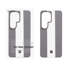 قاب اورجینال Unique Case چرمی دورنگ لوگو فلزی لنز برجسته Samsung Galaxy S26 Ultra – خاکستری سفید کد 1 (پک دار)
