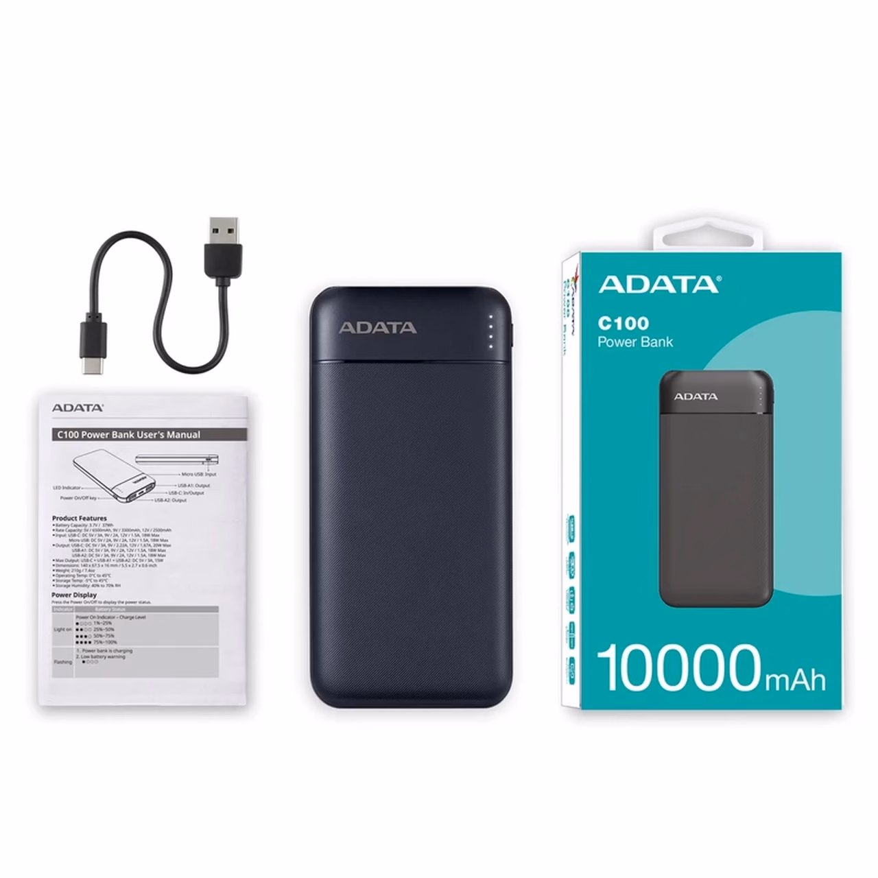 پاوربانک فست شارژ ADATA 10000mAh مدل C100 18W - مشکی (گارانتی آونگ)