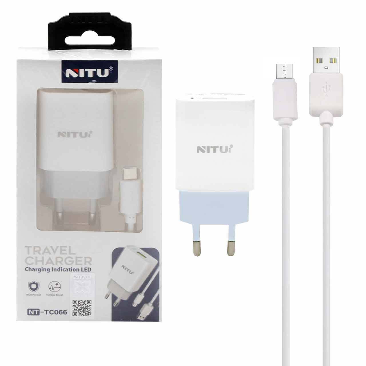 شارژر دیواری فست تک پورت Nitu مدل NT-TC066 به همراه کابل شارژ اندروید - سفید (گارانتی12 ماه تعویض نیکان همراه)