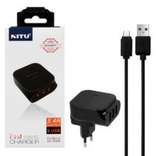 شارژر دیواری فست سه پورت NITU مدل TC026 به همراه کابل شارژ اندروید - مشکی (گارانتی 12 ماه تعویض نیکان همراه)
