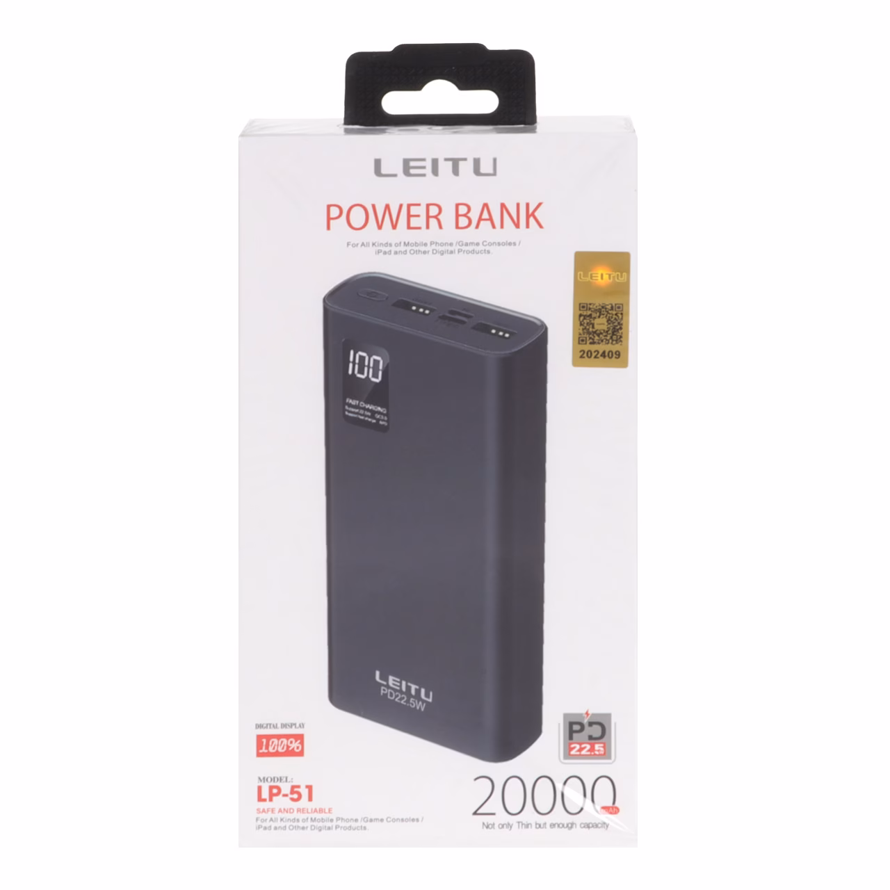 پاوربانک (PD و فست شارژ) Leitu 22.5W 20000mAh مدل LP-51 - مشکی (GT)