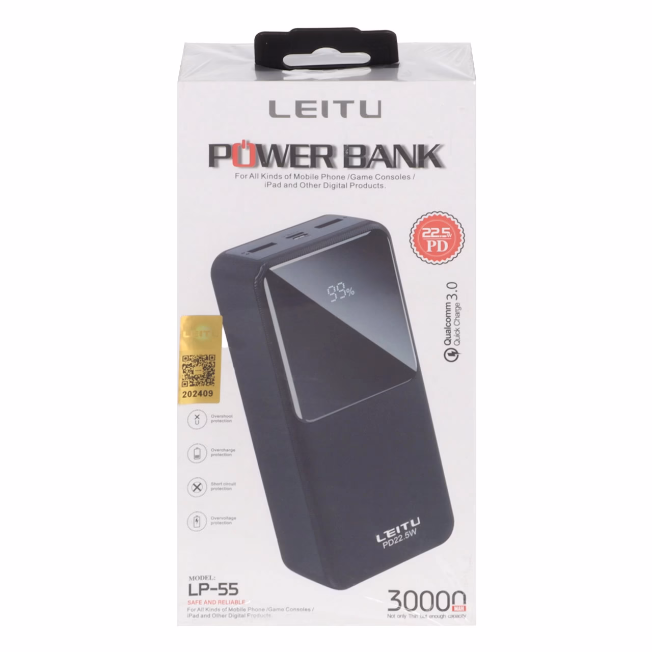 پاوربانک (PD و فست شارژ) Leitu 22.5W 30000mAh مدل LP-55 - مشکی (GT)