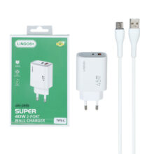 شارژر دیواری فست و PD دو پورت +Lindos مدل LN-CH50 45W به همراه کابل شارژ Type-C – سفید (گارانتی تعویض یکساله شرکتی)
