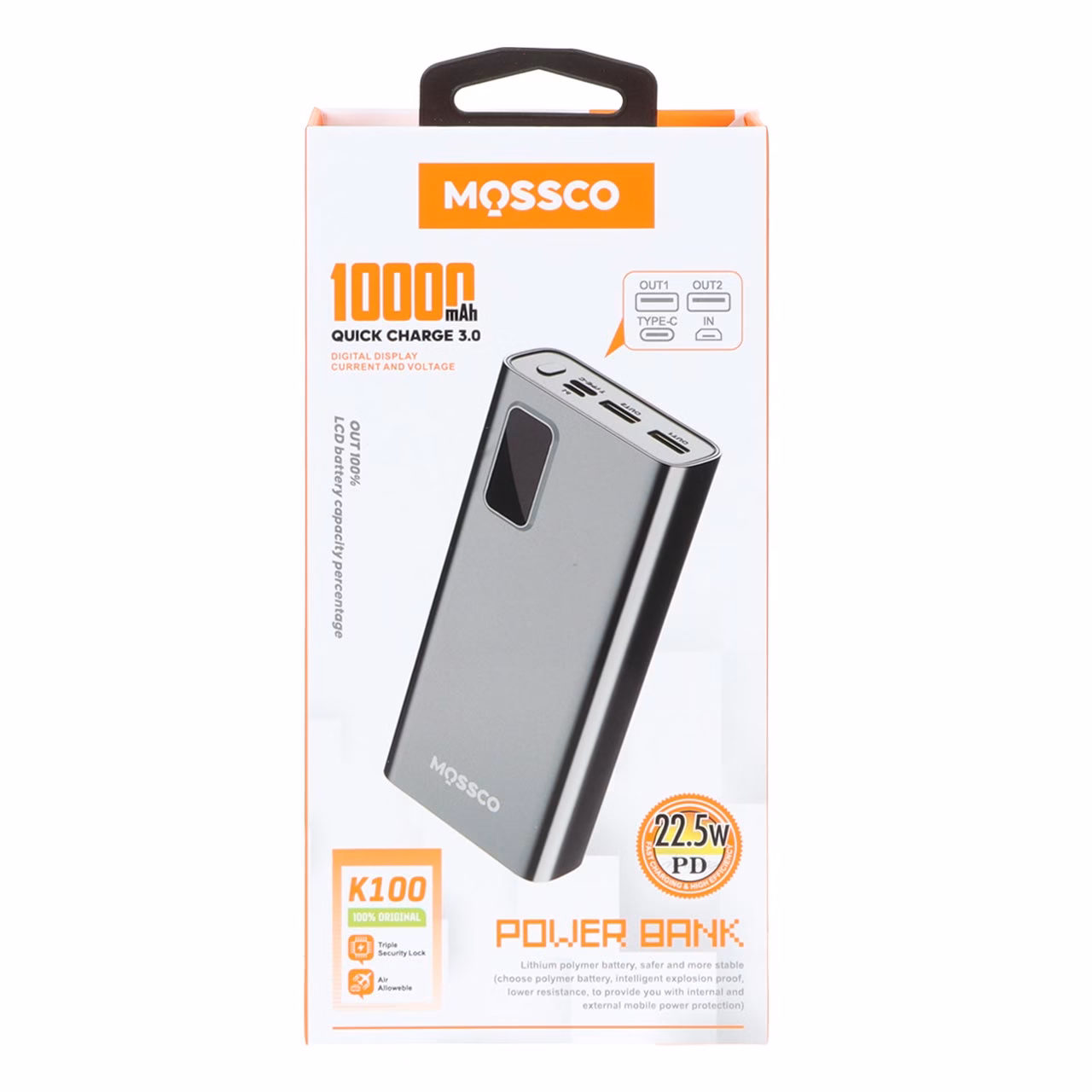 پاوربانک (PD و فست شارژ) Mossco 10000mAh مدل K100 22.5W - مشکی