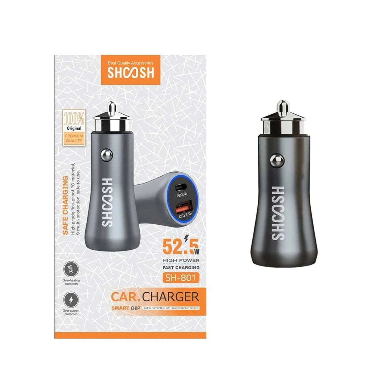 شارژر فندکی فست و PD دو پورت Shoosh مدل SH-801 52.5W - خاکستری - SMO