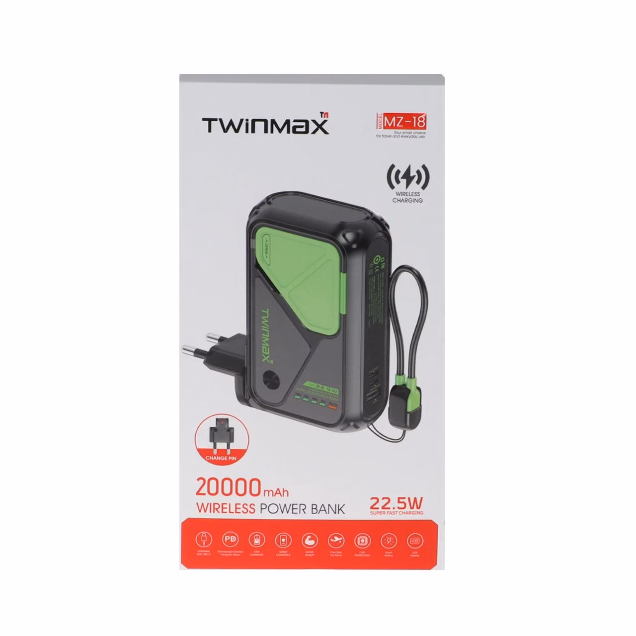 پاوربانک PD و فست شارژ TwinMax 20000mAh مدل MZ-18 22.5W - کرم نارنجی - MMX