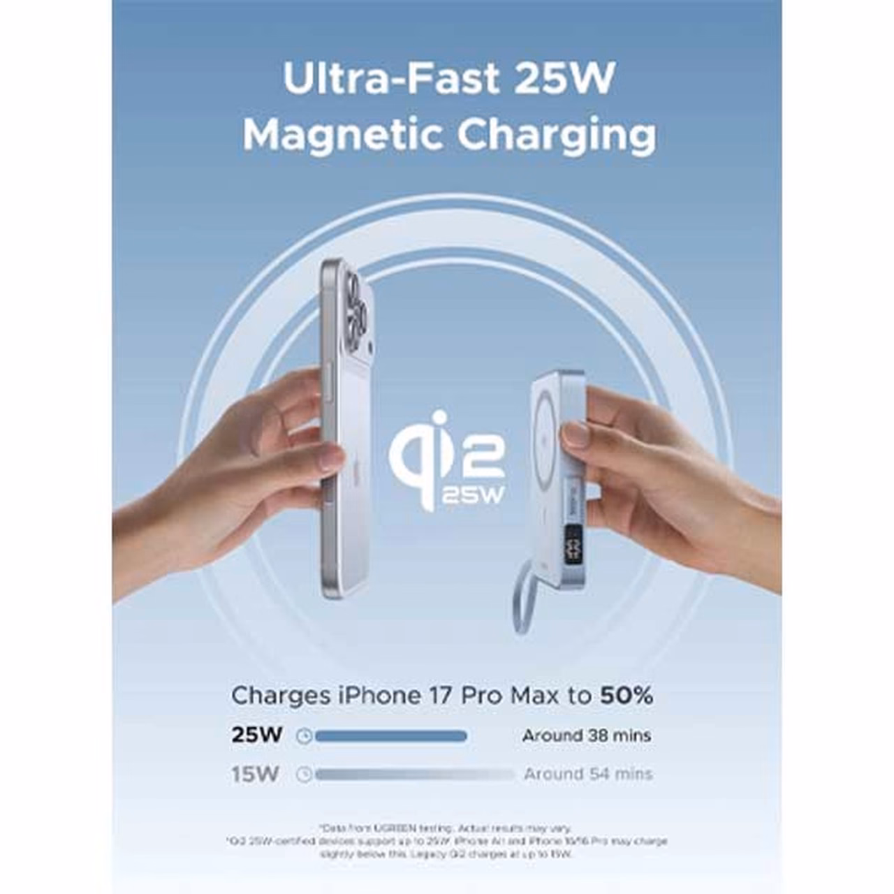 پاوربانک وایرلس PD و فست شارژ UGREEN 30W 10000mAh مدل MagFlow PB773-65958 - آبی روشن (گارانتی 18 ماهه آسان پیشرو)