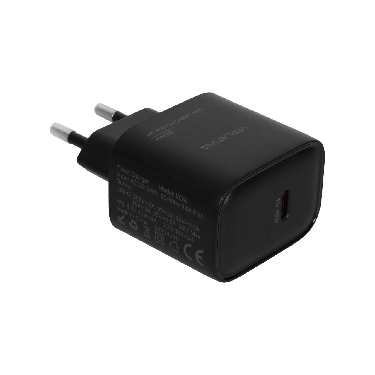 شارژر دیواری فست و PD تک پورت VIPLATINA مدل VC64 30W - مشکی (گارانتی 18 ماه تعویض نیکان همراه)