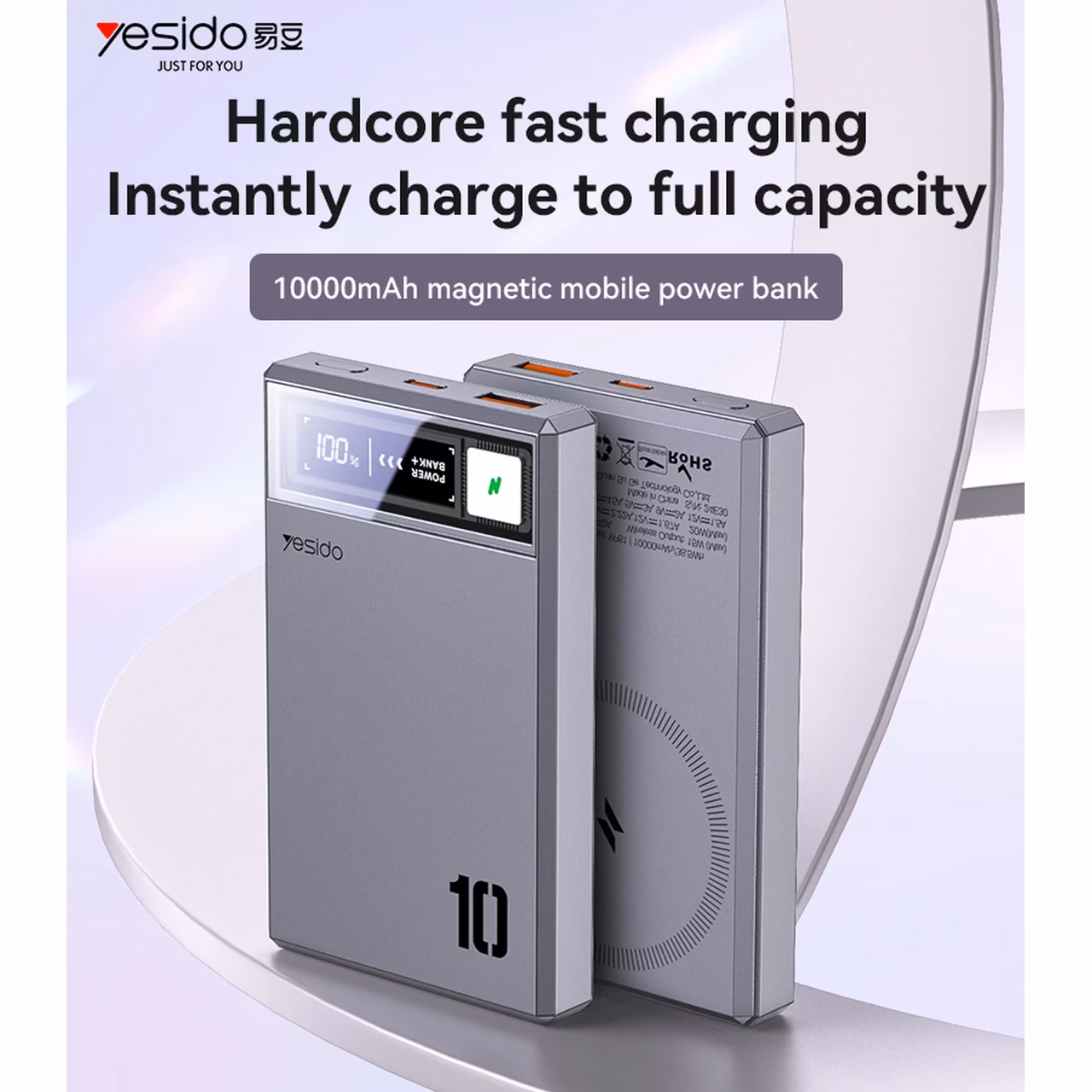 پاوربانک وایرلس PD و فست شارژ Yesido 10000mAh مدل YP61 20W مگ سیف - خاکستری (گارانتی12 ماه تعویض نیکان همراه)