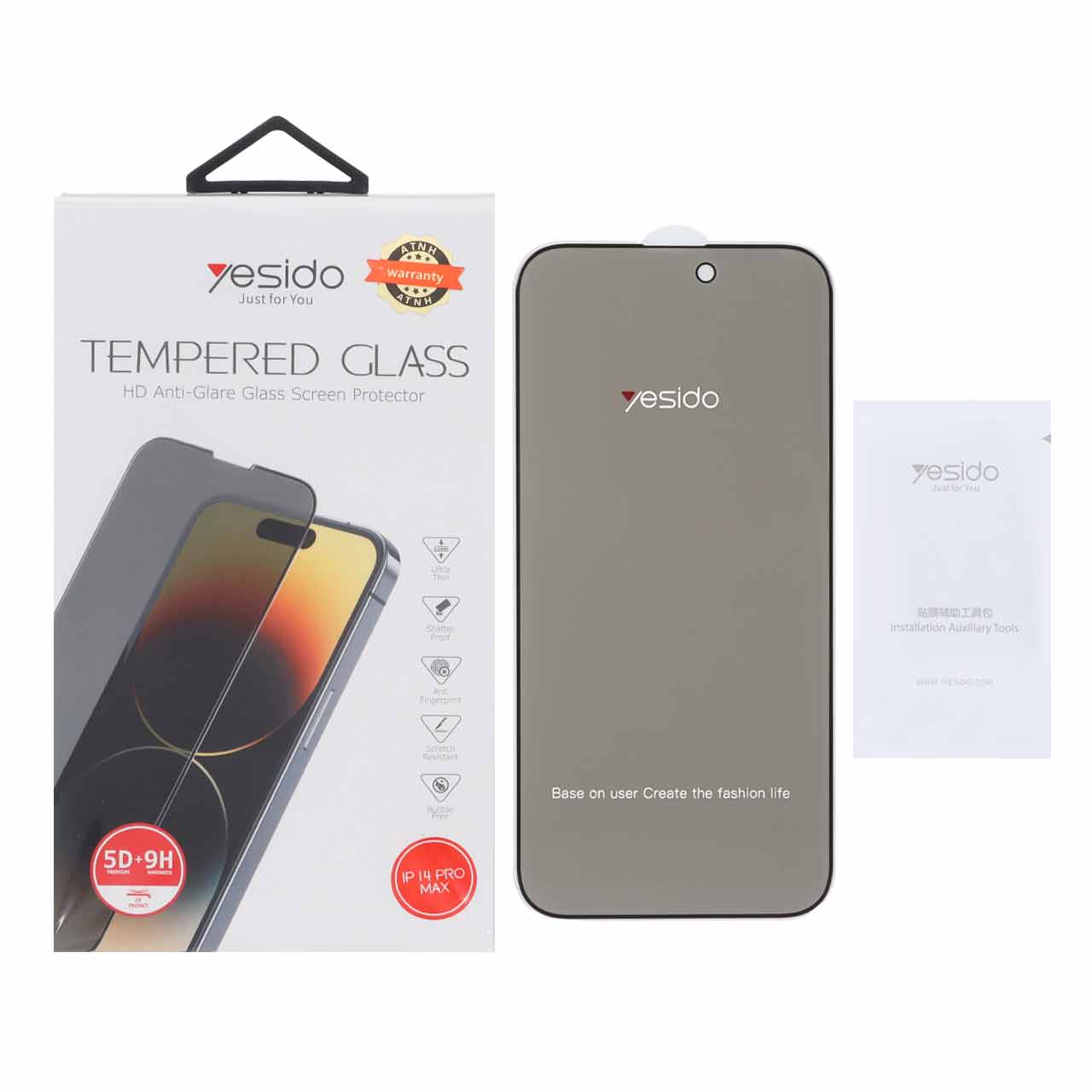 محافظ صفحه نمایش شیشه ای اورجینال Privacy Glass Yesido مدل Apple iPhone 14 pro max (پک دار)