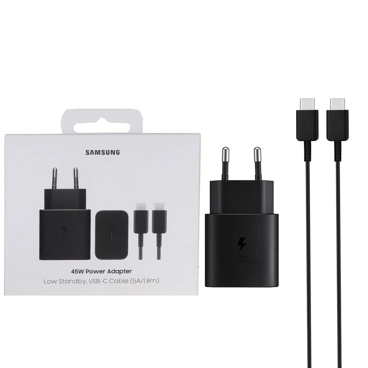 شارژر دیواری فست تک پورت Samsung مدل ET-T4511 45W به همراه کابل شارژ Type-C To Type-C - مشکی - اصل چین (گارانتی 18 ماهه تعویض اچ دی سرویس ) پک ضعیف