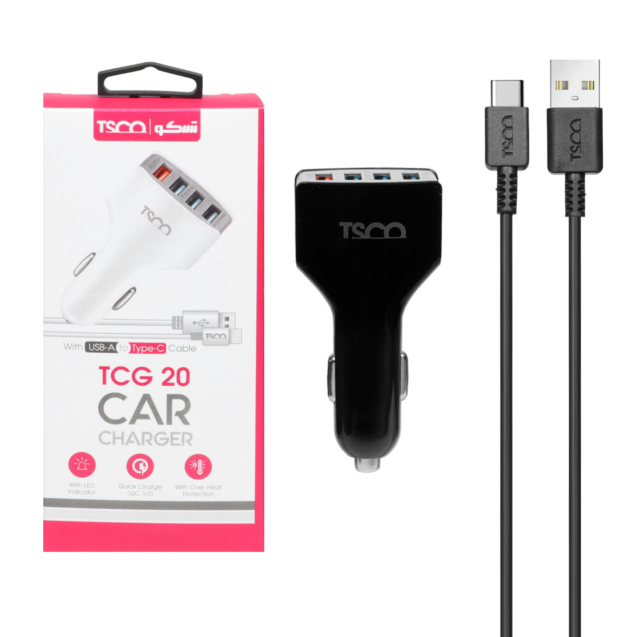 شارژر فندکی فست چهار پورت TSCO مدل TCG 20 18W به همراه کابل شارژ Type-C – مشکی