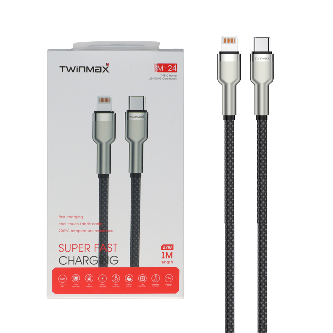 کابل شارژ فست TwinMax Type-C to Lightning مدل M-24 27W – مشکی نقره ای – MMX