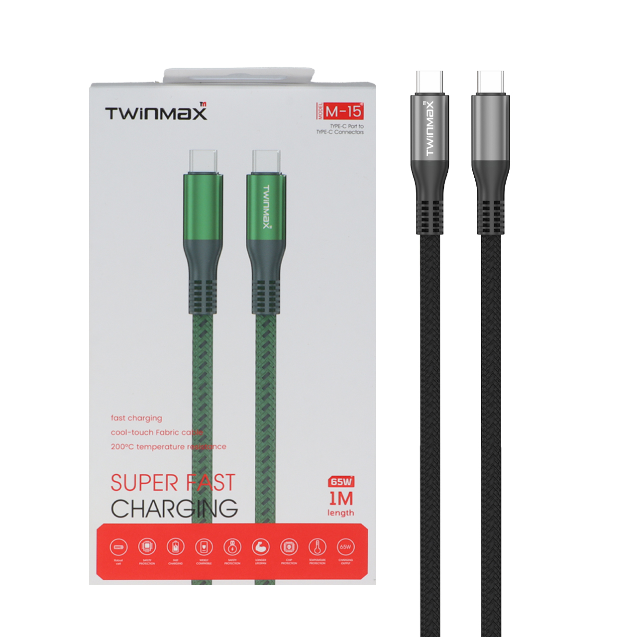 کابل شارژ فست TwinMax Type-C To Type-C مدل M-15 65W – خاکستری – MMX