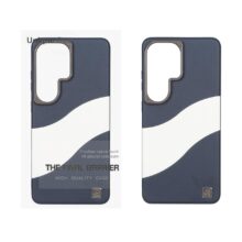 قاب اورجینال Unique Case چرمی دورنگ لوگو فلزی لنز برجسته Samsung Galaxy S26 Ultra – سرمه ای سفید (پک دار)