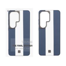 قاب اورجینال Unique Case چرمی دورنگ لوگو فلزی لنز برجسته Samsung Galaxy S26 Ultra – سرمه ای سفید کد 1 (پک دار)