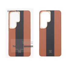 قاب اورجینال Unique Case چرمی دورنگ لوگو فلزی لنز برجسته Samsung Galaxy S26 Ultra – قهوه ای مشکی (پک دار)