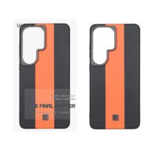 قاب اورجینال Unique Case چرمی دورنگ لوگو فلزی لنز برجسته Samsung Galaxy S26 Ultra – مشکی نارنجی (پک دار)